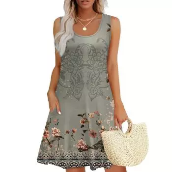 Женский повседневный сарафан с карманами, летнее пляжное платье в стиле бохо, праздничные платья для женщин, футболки, платья с U-образным вырезом, свободные платья-майки S синий