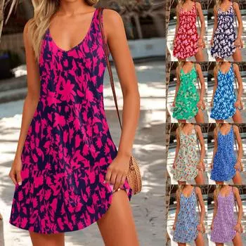 Женский повседневный сарафан с карманами, летнее пляжное платье в стиле бохо, блузки с цветочным принтом для женщин, футболки, платье с v-образным вырезом, свободные платья-майки XXL зелёный