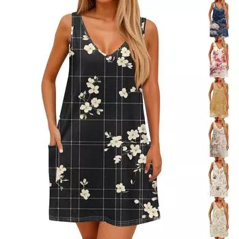 Женский повседневный сарафан с карманами, летнее пляжное платье в стиле бохо, блузки с цветочным принтом для женщин, футболки, платье с v-образным вырезом, свободные платья-майки L бежевый