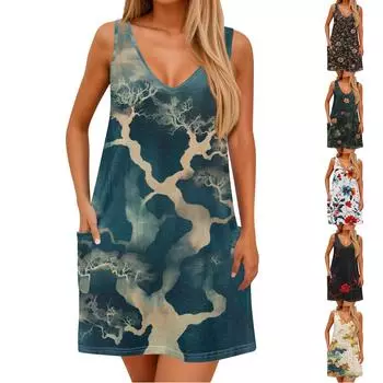 Женский повседневный сарафан с карманами, летнее пляжное платье в стиле бохо, блузки с цветочным принтом для женщин, футболки, платье с v-образным вырезом, свободные платья-майки XXL тёмно-синий