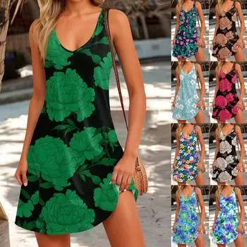 Женский повседневный сарафан с карманами, летнее пляжное платье в стиле бохо, блузки с цветочным принтом для женщин, футболки, платье с v-образным вырезом, свободные платья-майки L синий