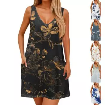 Женский повседневный сарафан с карманами, летнее пляжное платье в стиле бохо, блузки с цветочным принтом для женщин, футболки, платье с v-образным вырезом, свободные платья-майки L бежевый