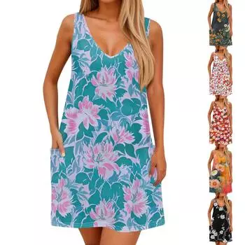 Женский повседневный сарафан с карманами, летнее пляжное платье в стиле бохо, блузки с цветочным принтом для женщин, футболки, платье с v-образным вырезом, свободные платья-майки M розовый