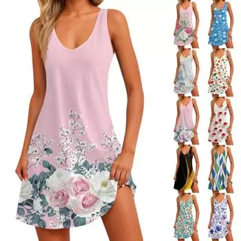 Женский повседневный сарафан с карманами, летнее пляжное платье в стиле бохо, блузки с цветочным принтом для женщин, футболки, платье с v-образным вырезом, свободные платья-майки XL розовый