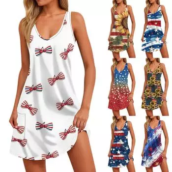 Женский повседневный сарафан с карманами, летнее пляжное платье в стиле бохо, блузки с цветочным принтом для женщин, футболки, платье с v-образным вырезом, свободные платья-майки S синий