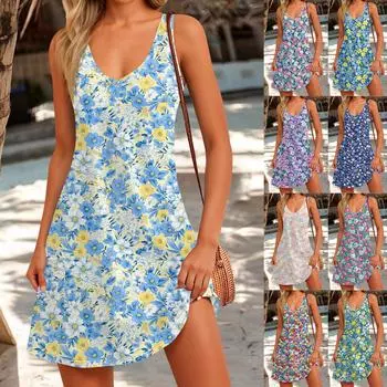 Женский повседневный сарафан с карманами, летнее пляжное платье в стиле бохо, блузки с цветочным принтом для женщин, футболки, платье с v-образным вырезом, свободные платья-майки XXL синий