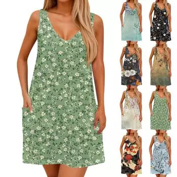 Женский повседневный сарафан с карманами, летнее пляжное платье в стиле бохо, блузки с цветочным принтом для женщин, футболки, платье с v-образным вырезом, свободные платья-майки M чёрный