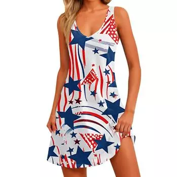 Женский повседневный сарафан с принтом и карманами, летнее пляжное платье в стиле бохо, футболки, платья с V-образным вырезом, свободные платья-майки S синий