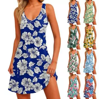 Женский повседневный сарафан с принтом и карманами, летнее пляжное платье в стиле бохо, футболки, платья с V-образным вырезом, свободные платья-майки XXL