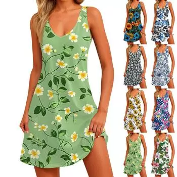 Женский повседневный сарафан с принтом и карманами, летнее пляжное платье в стиле бохо, футболки, платья с V-образным вырезом, свободные платья-майки S