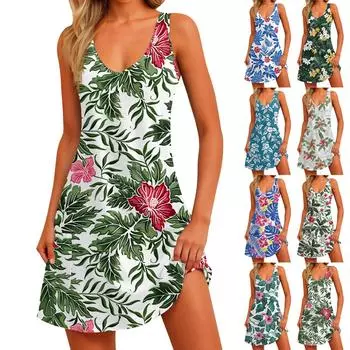 Женский повседневный сарафан с принтом и карманами, летнее пляжное платье в стиле бохо, футболки, платья с V-образным вырезом, свободные платья-майки XXL зелёный