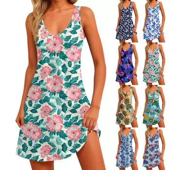 Женский повседневный сарафан с принтом и карманами, летнее пляжное платье в стиле бохо, футболки, платья с V-образным вырезом, свободные платья-майки XXL жёлтый