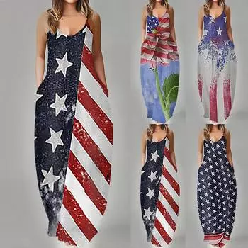 Женский повседневный сарафан с принтом и карманом на тонких бретельках, с открытыми плечами, без рукавов, с разрезом, макси-пляжные платья XXL