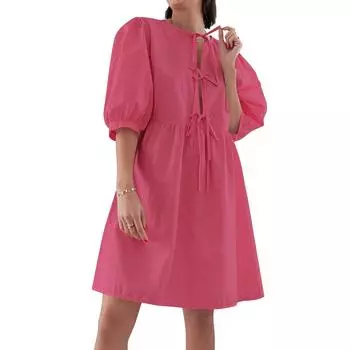 Женский повседневный сарафан с пышными рукавами и завязками, вечерние платья, платье миди L горячий розовый