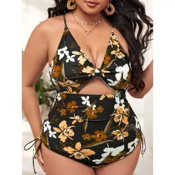 Женский повседневный слитный купальник, большой размер, тропический принт, V-образный вырез, завязка по бокам, высокий вырез, пляжный слитный купальник 0XL(12) розовый