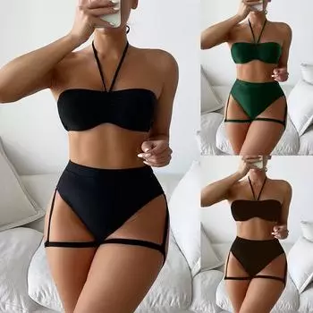 Женский повседневный сплошной цвет бикини с разрезом на бретельках и высокой талией Купальники S чёрный