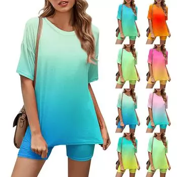 Женский повседневный спортивный комплект из двух предметов, свободный и модный топ с принтом, комплект шорт с короткими рукавами L