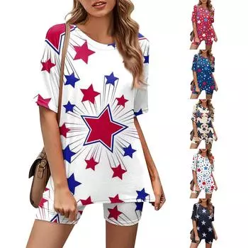 Женский повседневный спортивный комплект из двух предметов, свободный и модный топ с принтом, комплект шорт с короткими рукавами L бежевый