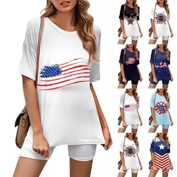 Женский повседневный спортивный комплект из двух предметов, свободный и модный топ с принтом, комплект шорт с короткими рукавами L чёрный