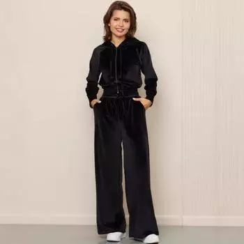 Женский повседневный спортивный костюм из 2 предметов однотонный велюровый кардиган на молнии с капюшоном с длинным рукавом + брюки с широкими штанинами на эластичной талии XL чёрный