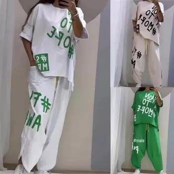 Женский повседневный спортивный костюм с буквенным принтом 2024 года — европейский и американский стиль XL синий/фиолетовый