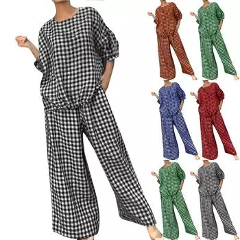 Женский повседневный спортивный костюм с длинным рукавом, свободные широкие брюки, модная клетчатая одежда L синий