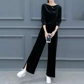 Женский повседневный спортивный модный костюм большого размера, тонкие широкие брюки, бархатный комплект из двух предметов из канареечно... L чёрный
