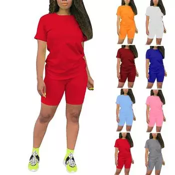 Женский повседневный спортивный однотонный костюм из 2 предметов, комплект из топа и брюк с короткими рукавами L серый