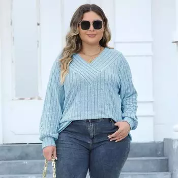 Женский повседневный свитер большого размера с V-образным вырезом и перекрестными бретелями на осень и зиму L чёрный