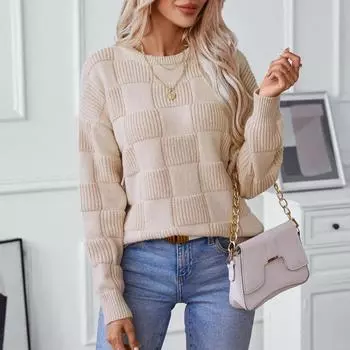 Женский повседневный свитер осень-зима свободный круглый вырез свитер топ S бежевый