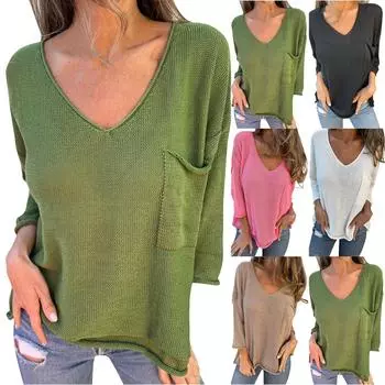 Женский повседневный свитер с большим V-образным вырезом и длинными рукавами и карманами L чёрный