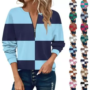 Женский повседневный свитер с длинным рукавом и застежкой-молнией на четверть длины, цветной блокирующий пуловер, толстовки, повседневная верхняя одежда на осень XL