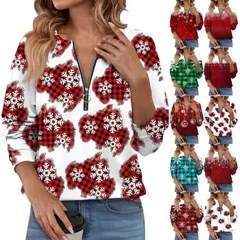 Женский повседневный свитер с длинным рукавом и застежкой-молнией на четверть дюйма с принтом, повседневный топ, осенняя одежда на Рождество L винный