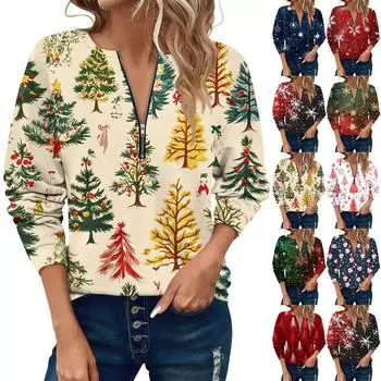 Женский повседневный свитер с длинным рукавом и застежкой-молнией на четверть дюйма с принтом, повседневный топ, осенняя одежда на Рождество XXXL