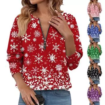 Женский повседневный свитер с длинным рукавом и застежкой-молнией на четверть дюйма с принтом, повседневный топ, осенняя одежда на Рождество XXL красный