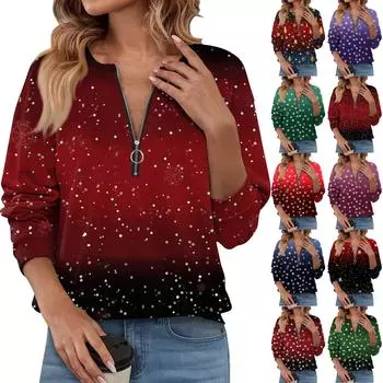 Женский повседневный свитер с длинным рукавом и застежкой-молнией на четверть дюйма с принтом, повседневный топ, осенняя одежда на Рождество M фиолетовый