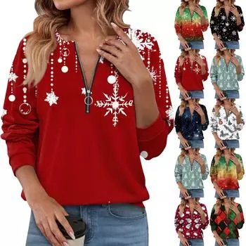 Женский повседневный свитер с длинным рукавом и застежкой-молнией на четверть дюйма с принтом, повседневный топ, осенняя одежда на Рождество S