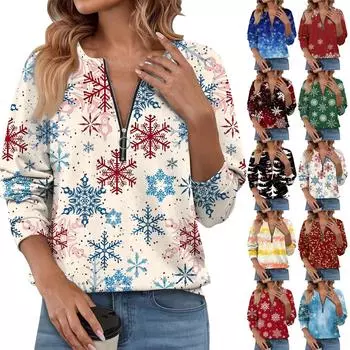 Женский повседневный свитер с длинным рукавом и застежкой-молнией на четверть дюйма с принтом, повседневный топ, осенняя одежда на Рождество XXL чёрный