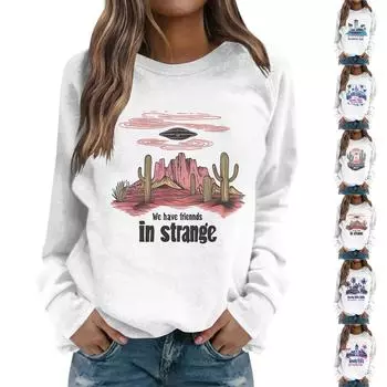 Женский повседневный свитер с длинным рукавом и круглым вырезом, с принтом и рукавами реглан L синий