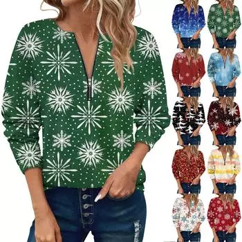 Женский повседневный свитер с длинным рукавом и застежкой-молнией на четверть дюйма с принтом, повседневный топ, осенняя одежда на Рождество XXXL