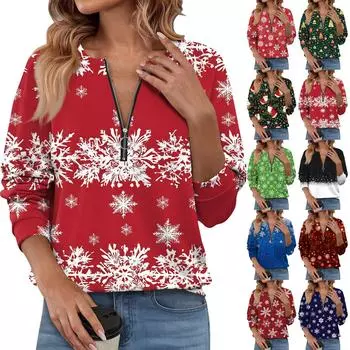 Женский повседневный свитер с длинным рукавом и застежкой-молнией на четверть дюйма с принтом, повседневный топ, осенняя одежда на Рождество XXXL