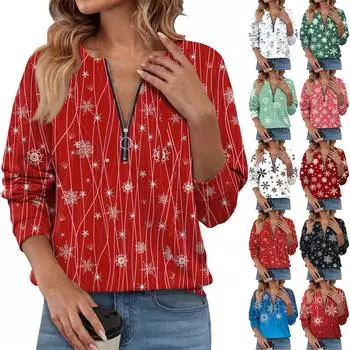 Женский повседневный свитер с длинным рукавом и застежкой-молнией на четверть дюйма с принтом, повседневный топ, осенняя одежда на Рождество L чёрный