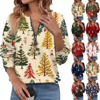Женский повседневный свитер с длинным рукавом и застежкой-молнией на четверть дюйма с принтом, повседневный топ, осенняя одежда на Рождество M