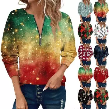 Женский повседневный свитер с длинным рукавом и застежкой-молнией на четверть дюйма с принтом, повседневный топ, осенняя одежда на Рождество S винный