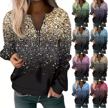 Женский повседневный свитер с длинным рукавом, на молнии, с принтом цветов, свитшот, повседневная верхняя одежда на осень L синий