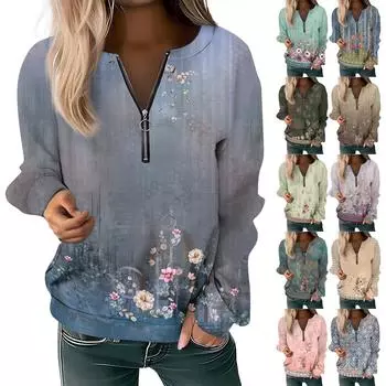 Женский повседневный свитер с длинным рукавом, на молнии, с принтом цветов, свитшот, повседневная верхняя одежда на осень L армия зеленый