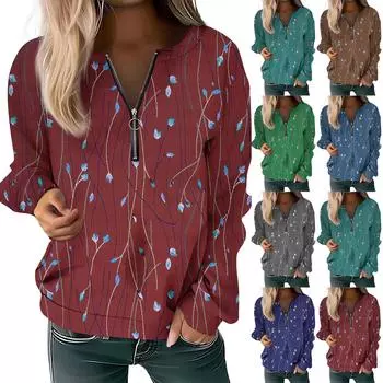 Женский повседневный свитер с длинным рукавом, на молнии, с принтом цветов, свитшот, повседневная верхняя одежда на осень L синий