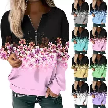 Женский повседневный свитер с длинным рукавом, на молнии, с принтом цветов, свитшот, повседневная верхняя одежда на осень L чёрный