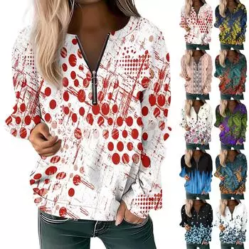 Женский повседневный свитер с длинным рукавом, на молнии, с принтом цветов, свитшот, повседневная верхняя одежда на осень L бежевый