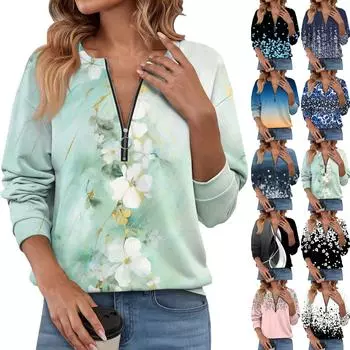 Женский повседневный свитер с длинным рукавом, на молнии, с принтом цветов, свитшот, повседневная верхняя одежда на осень S
